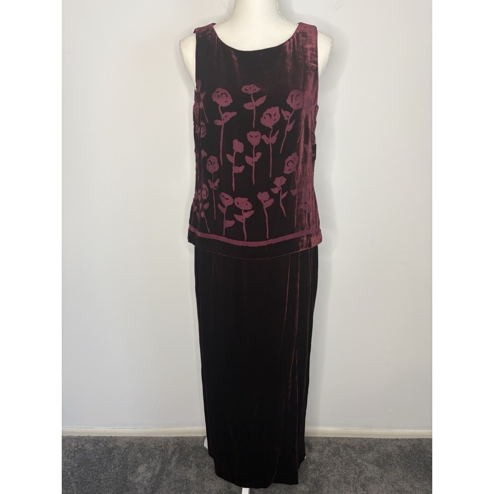 Vtg 90s Y2k Velvet Burnout Satin Skirt Set Midi Red Grunge Whimsigoth Goth Sz 10